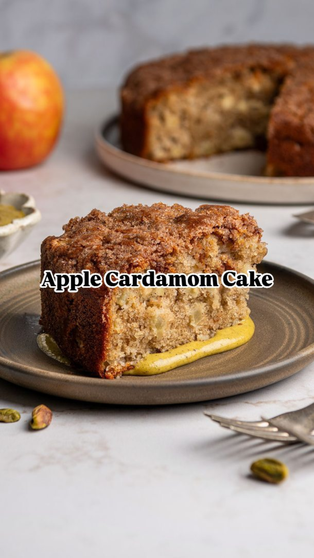 Apple cardamom cake with pistachio cream, elegant and cozy