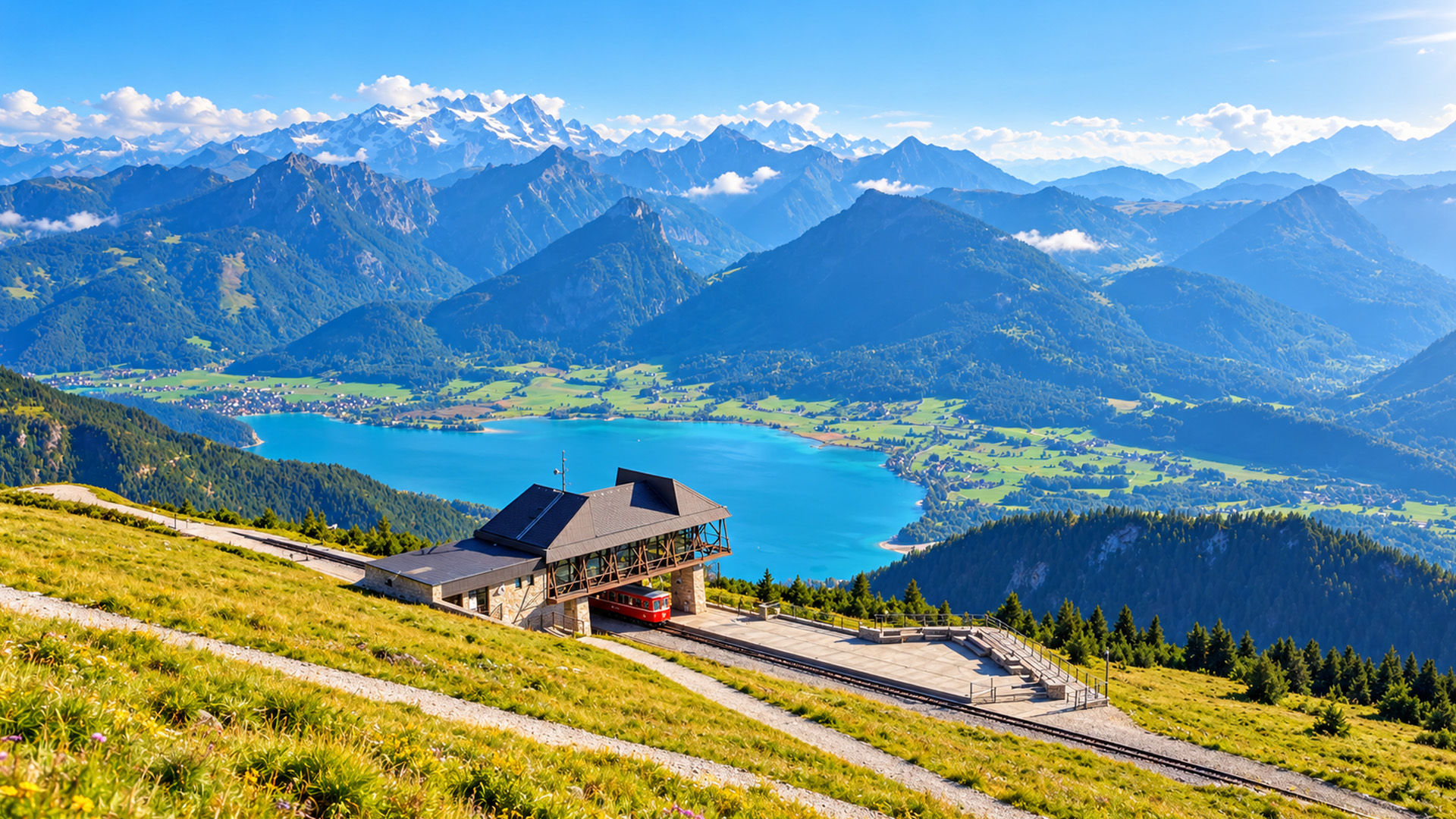 Schafbergbahn Austria through green alpine mountain slopes (4K)