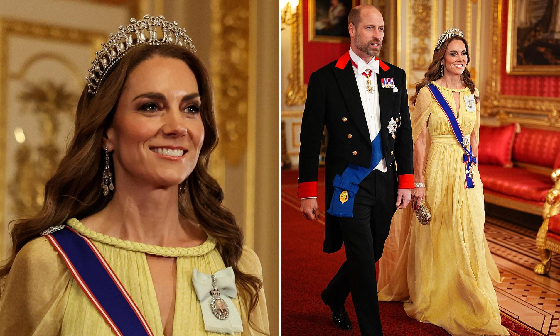 Kate alters sheer skirt on Elie Saab dress - teamed with her go-to ...