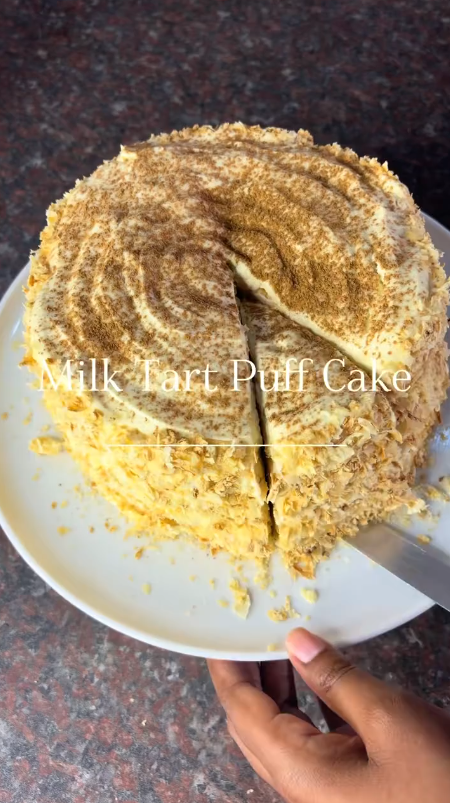 Milk tart puff cake with creamy vanilla custard