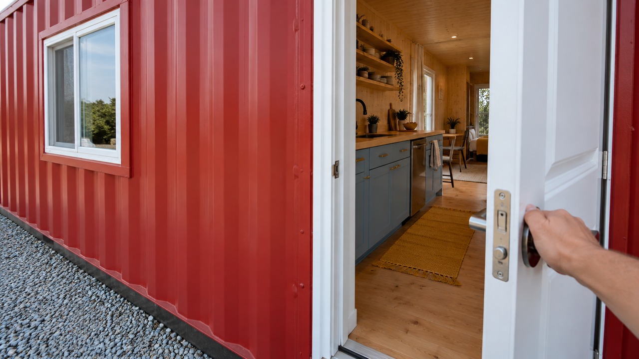 Inside a red container home with a surprisingly colorful kitchen