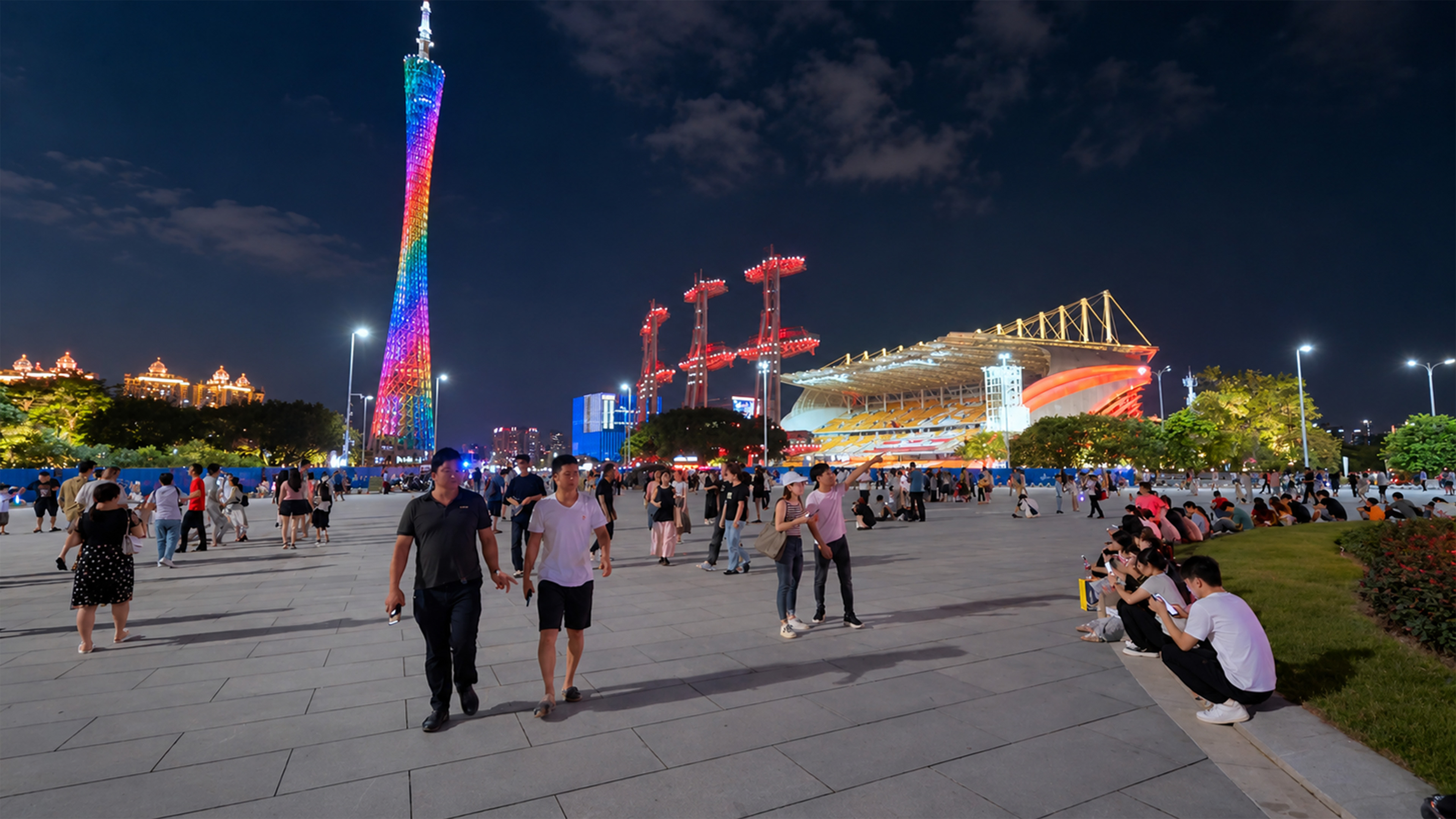 La tour lumineuse aux couleurs de l'arc-en-ciel de Guangzhou se dresse ...