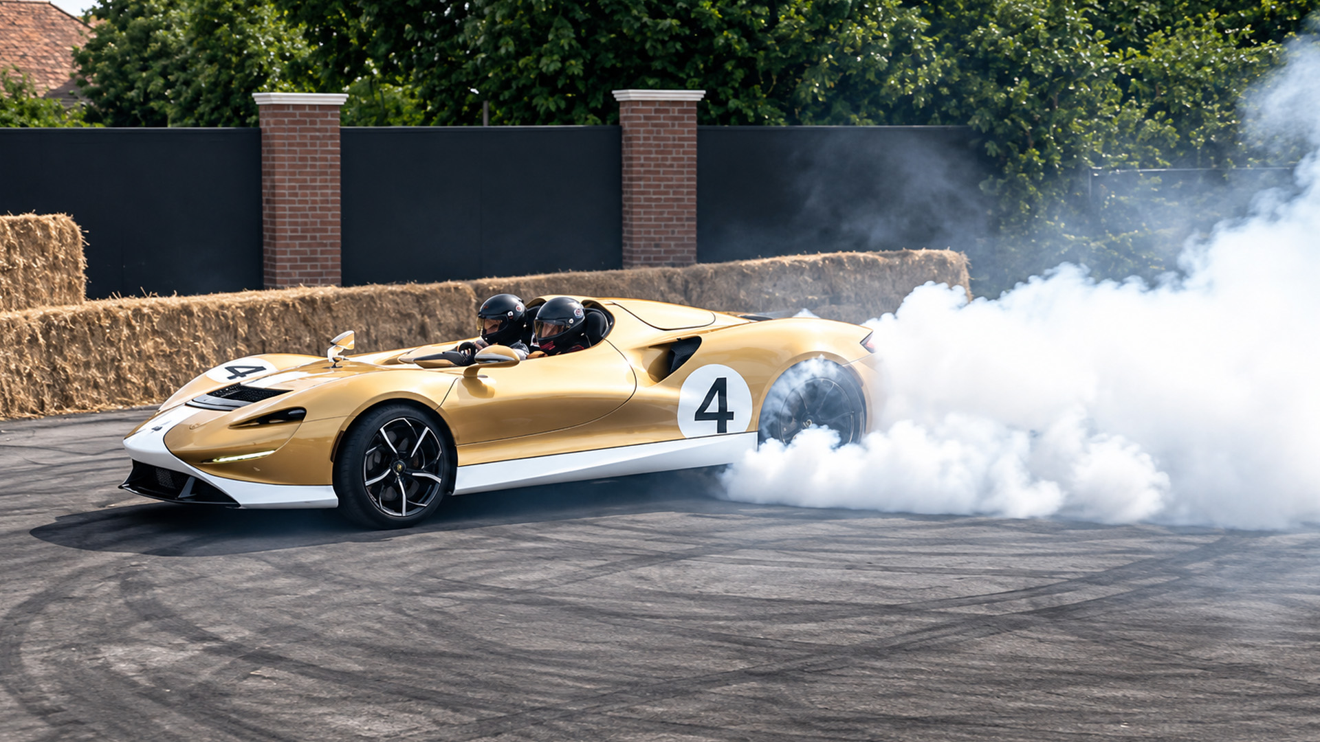 McLaren Elva performs a smoky burnout at a supercar event