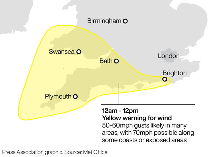 Met Office issues amber wind warning for parts of south-west England