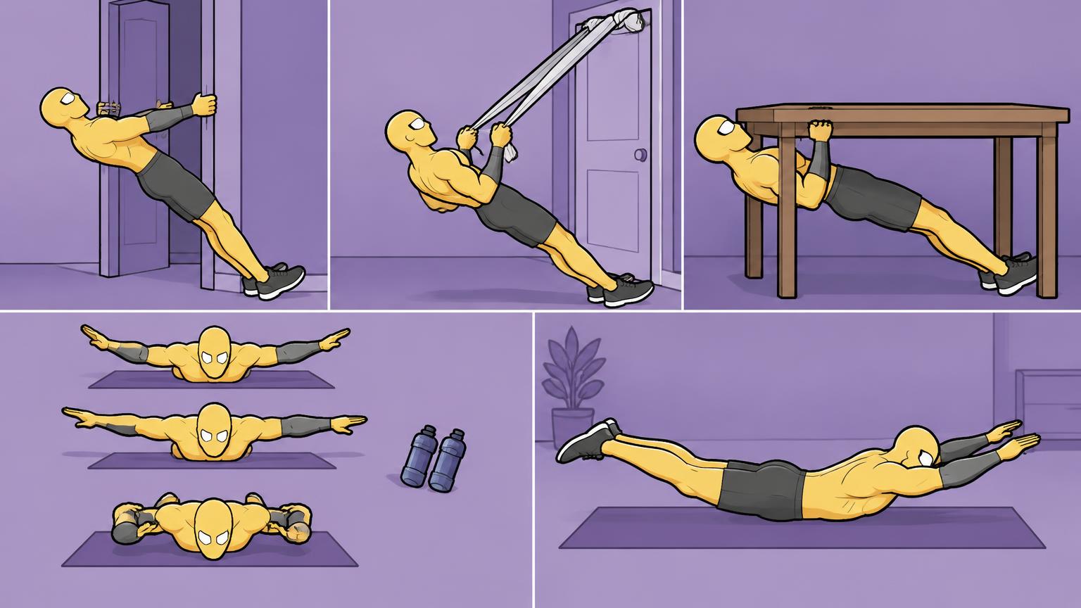 Back training without a pull-up bar starts with rows and floor exercises