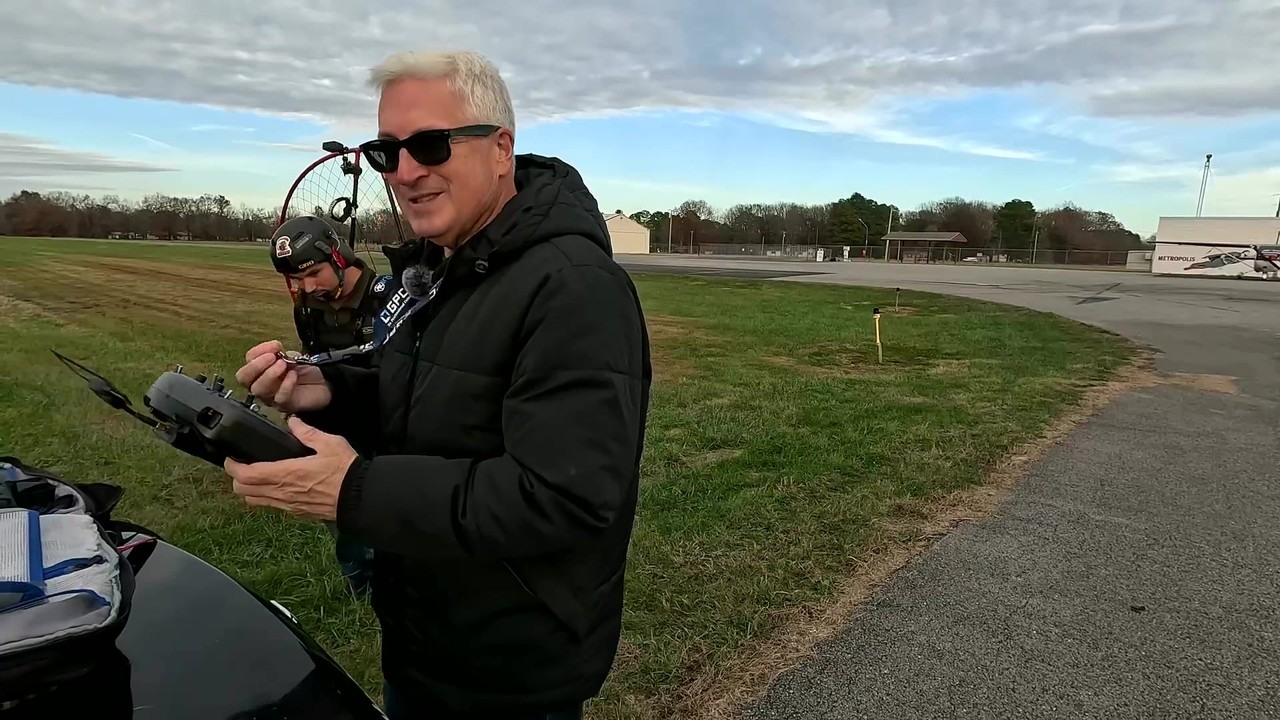 Ken Heron follows Chris's paramotor with an FPV quad