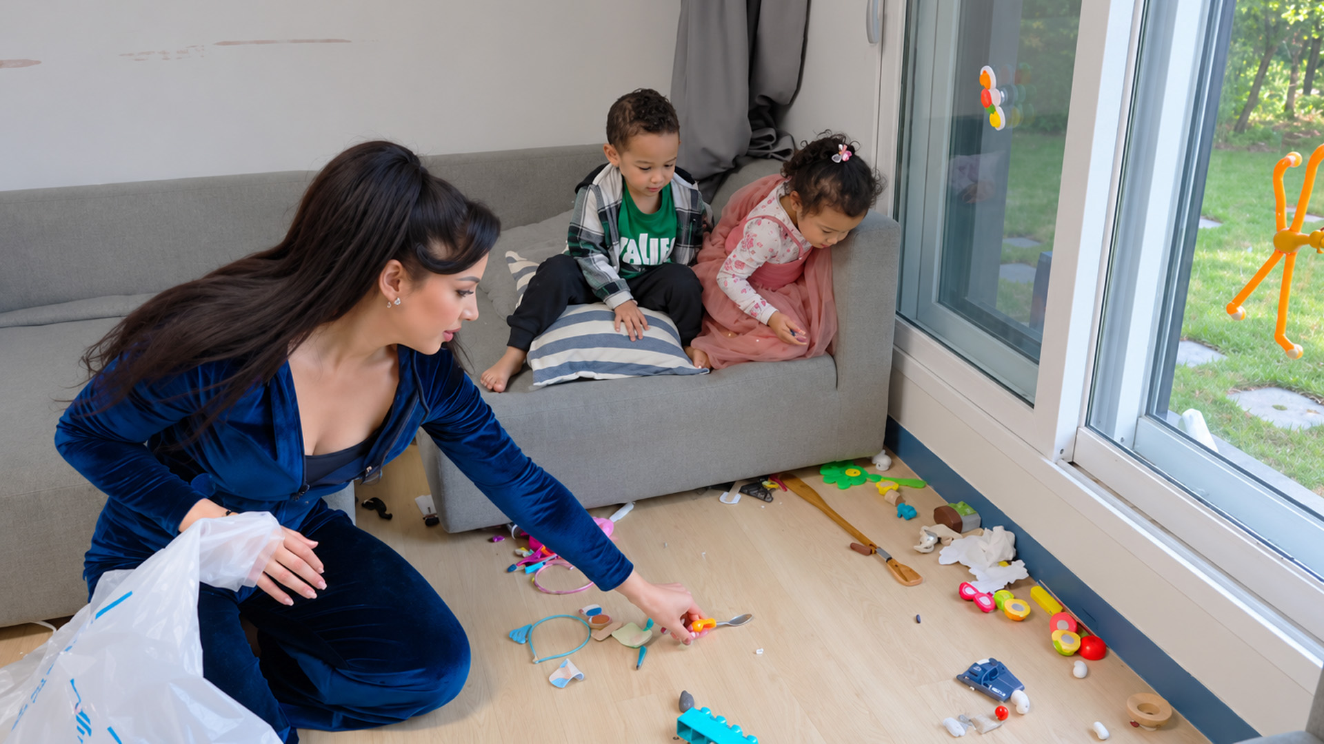 Cleaning under the living room couch after four months with toddlers