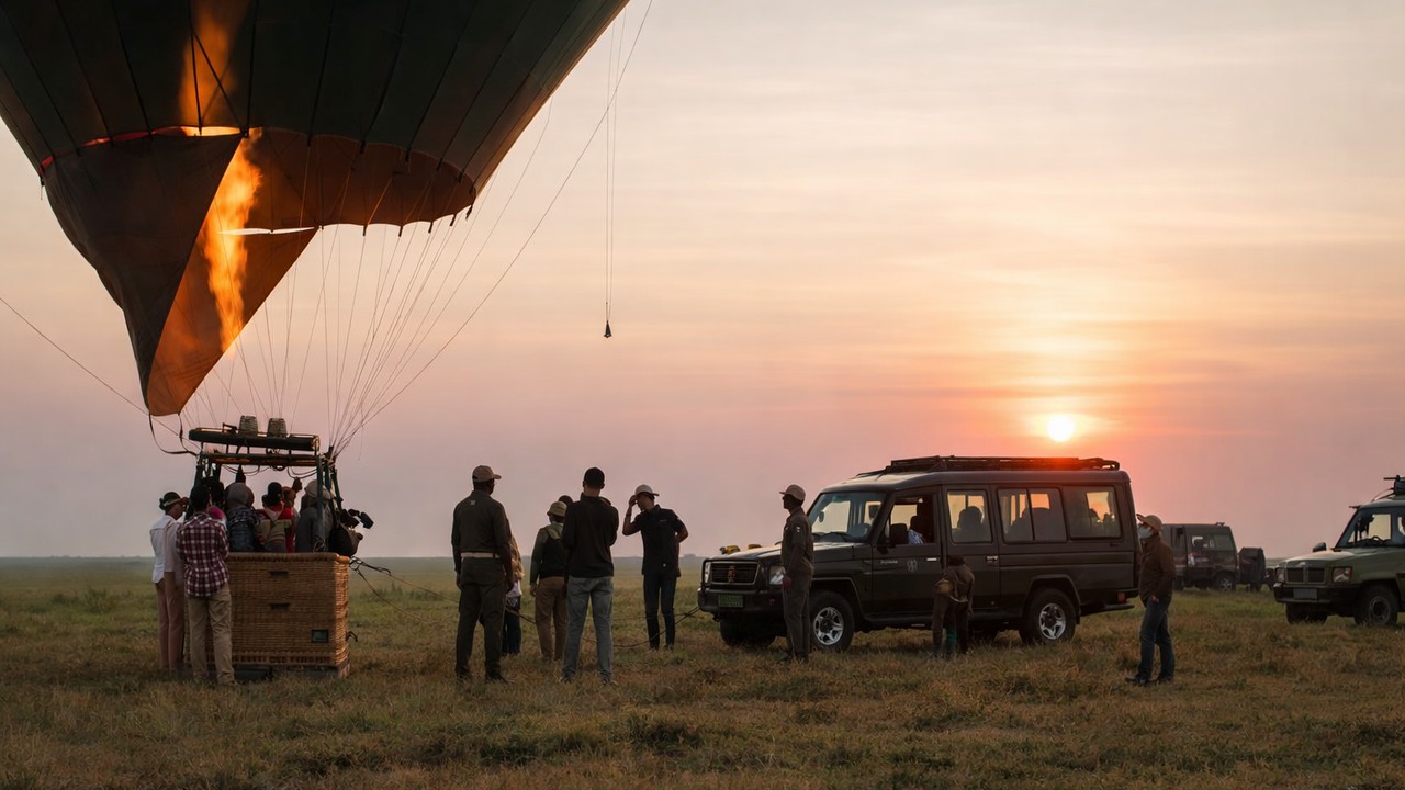 Floating above wild animals on a sunrise balloon safari in Tanzania