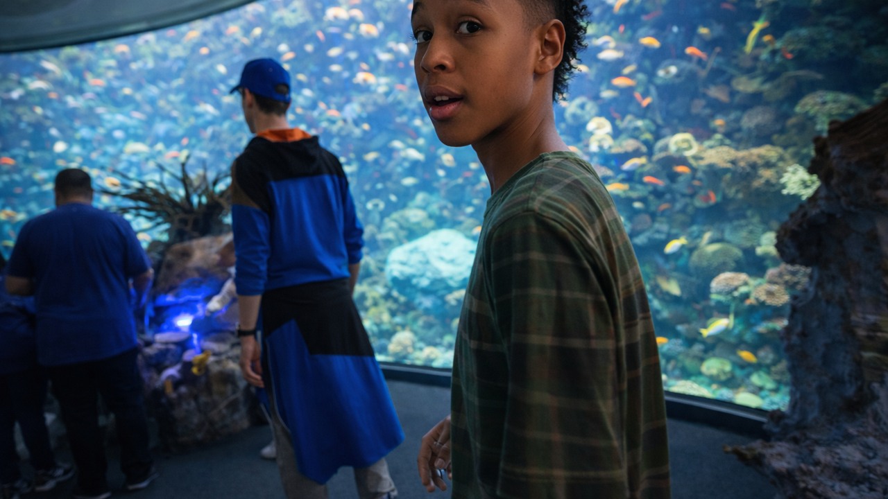 Inside a massive aquarium filled with sharks, dolphins, and giant fish