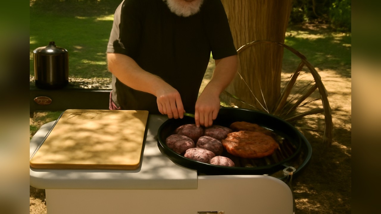Pit pasta combines sausage, bacon and ground chuck on the grill