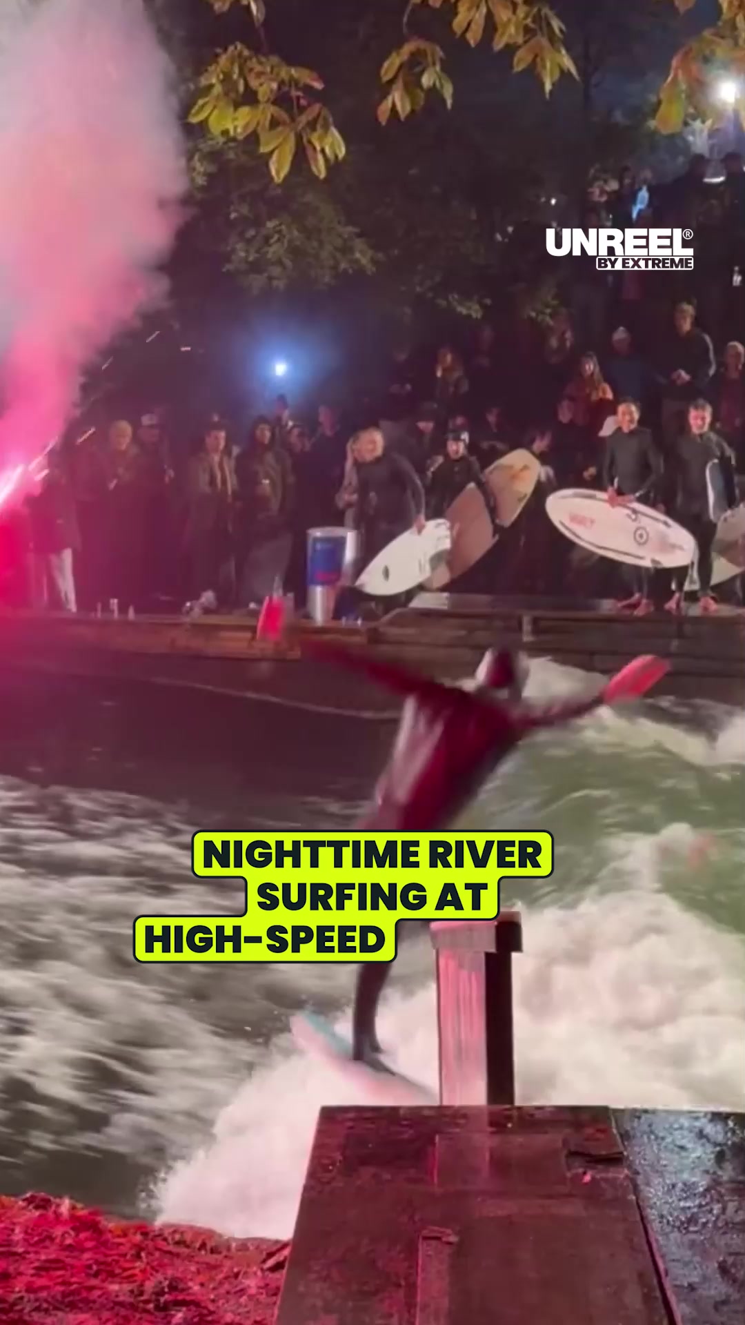Night river surfing under red flares: Standing wave thrills & epic ...