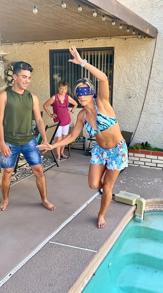 Can you balance on one foot blindfolded by the pool?