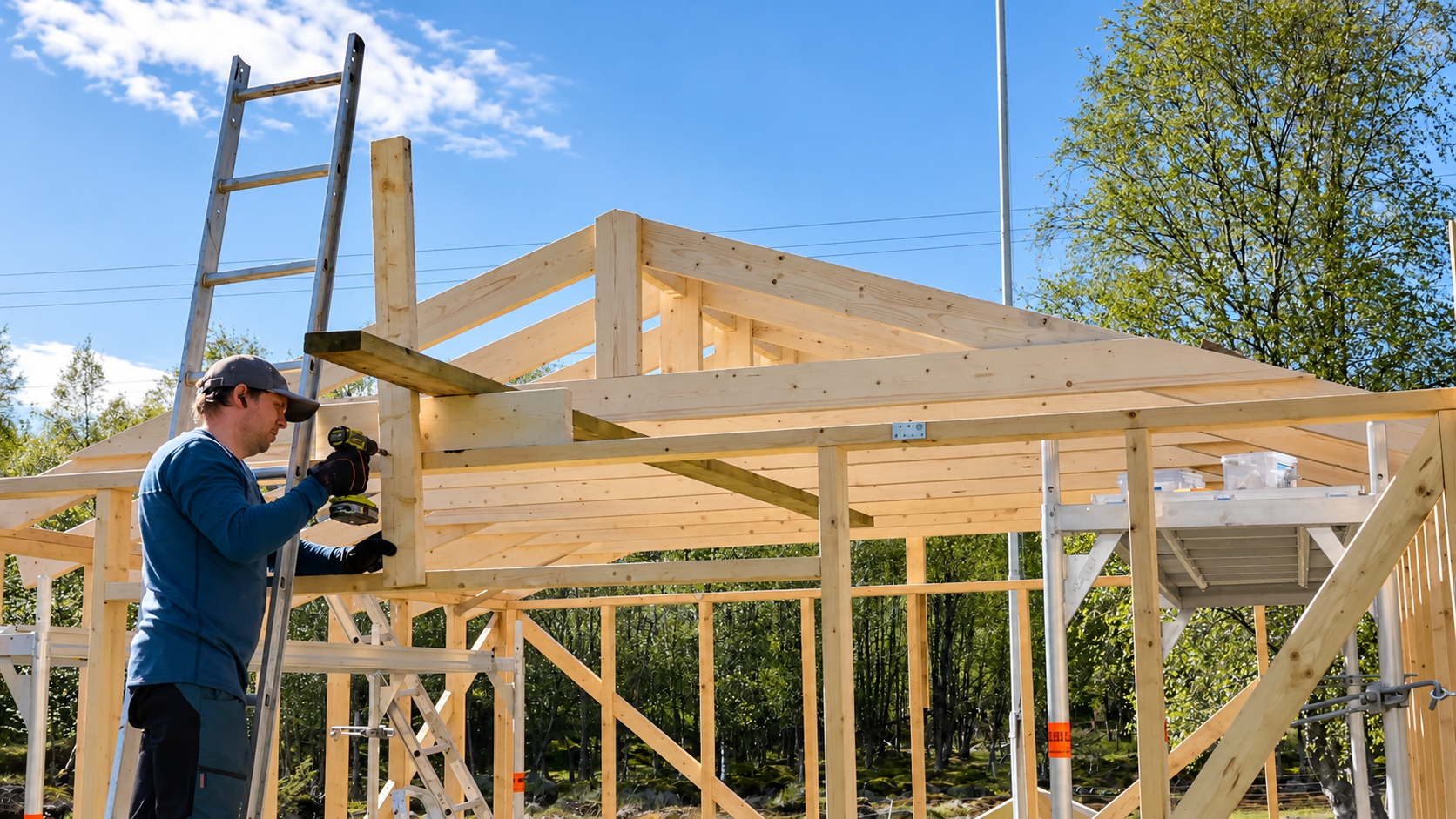 Finishing our garage roof as our traditional Norwegian barn takes shape