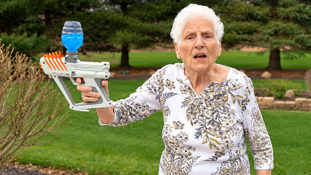 Granny tests an Orbeez gel blaster on her family