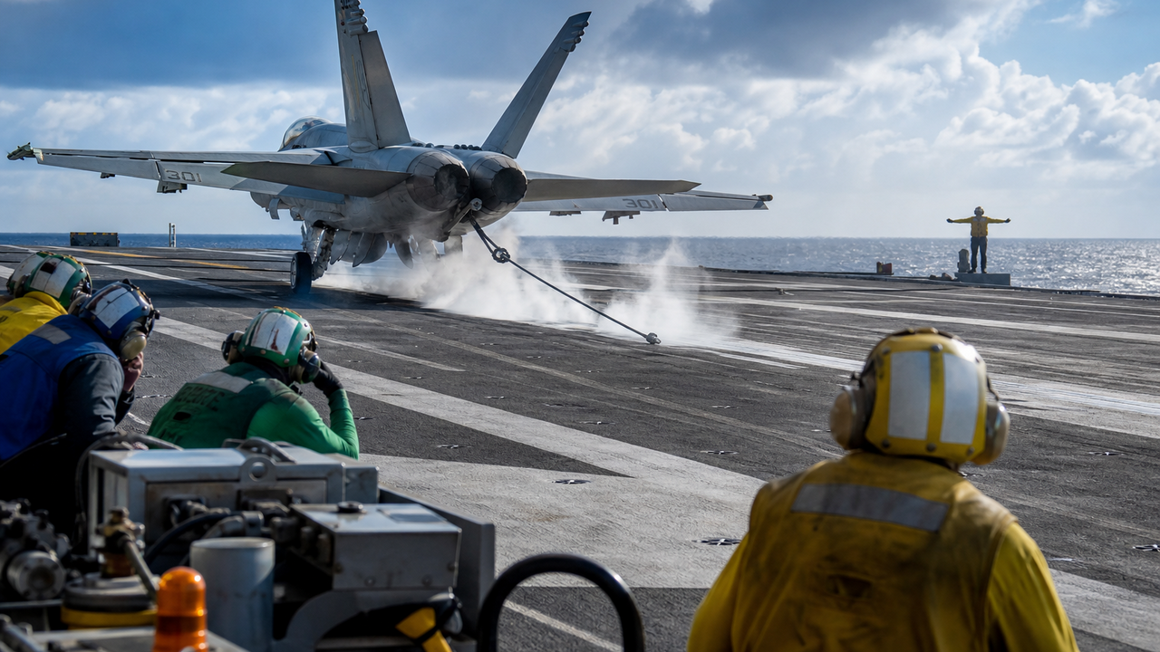 Carrier crews stop a 50,000-pound jet in just over 300 feet with no ...