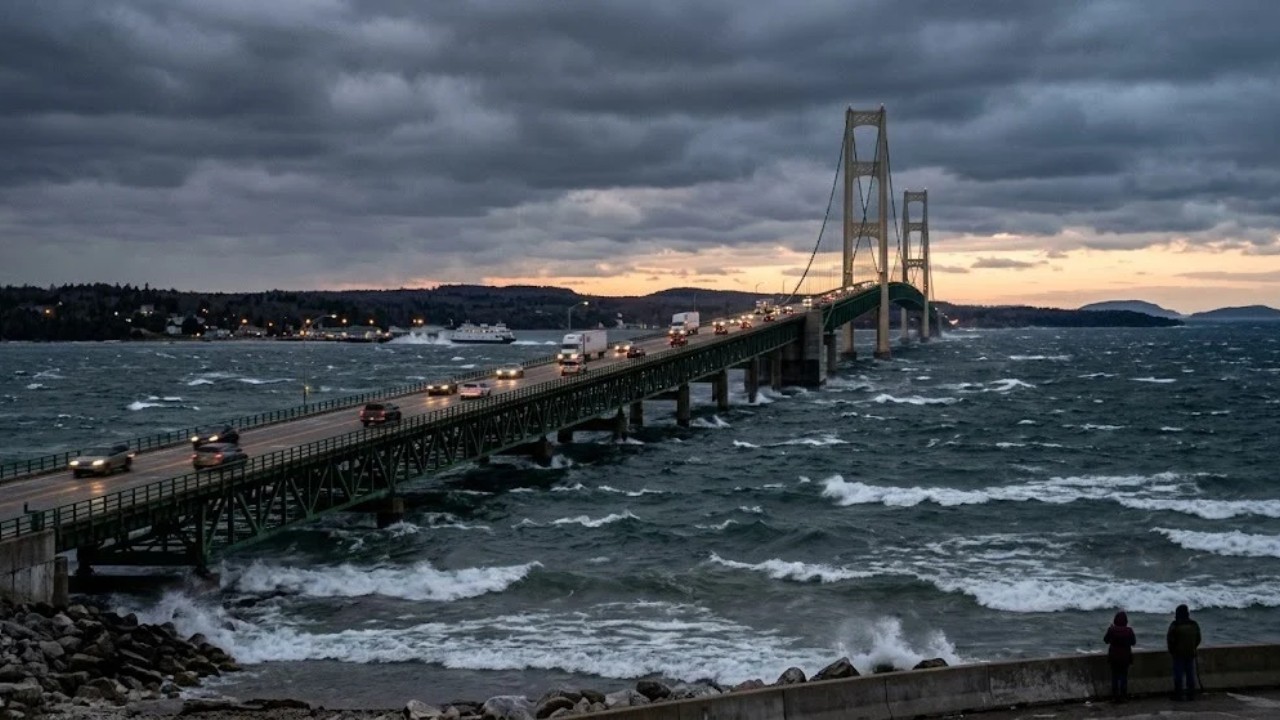 Wind gust tips canoe trailer on Michigan's Mackinac Bridge