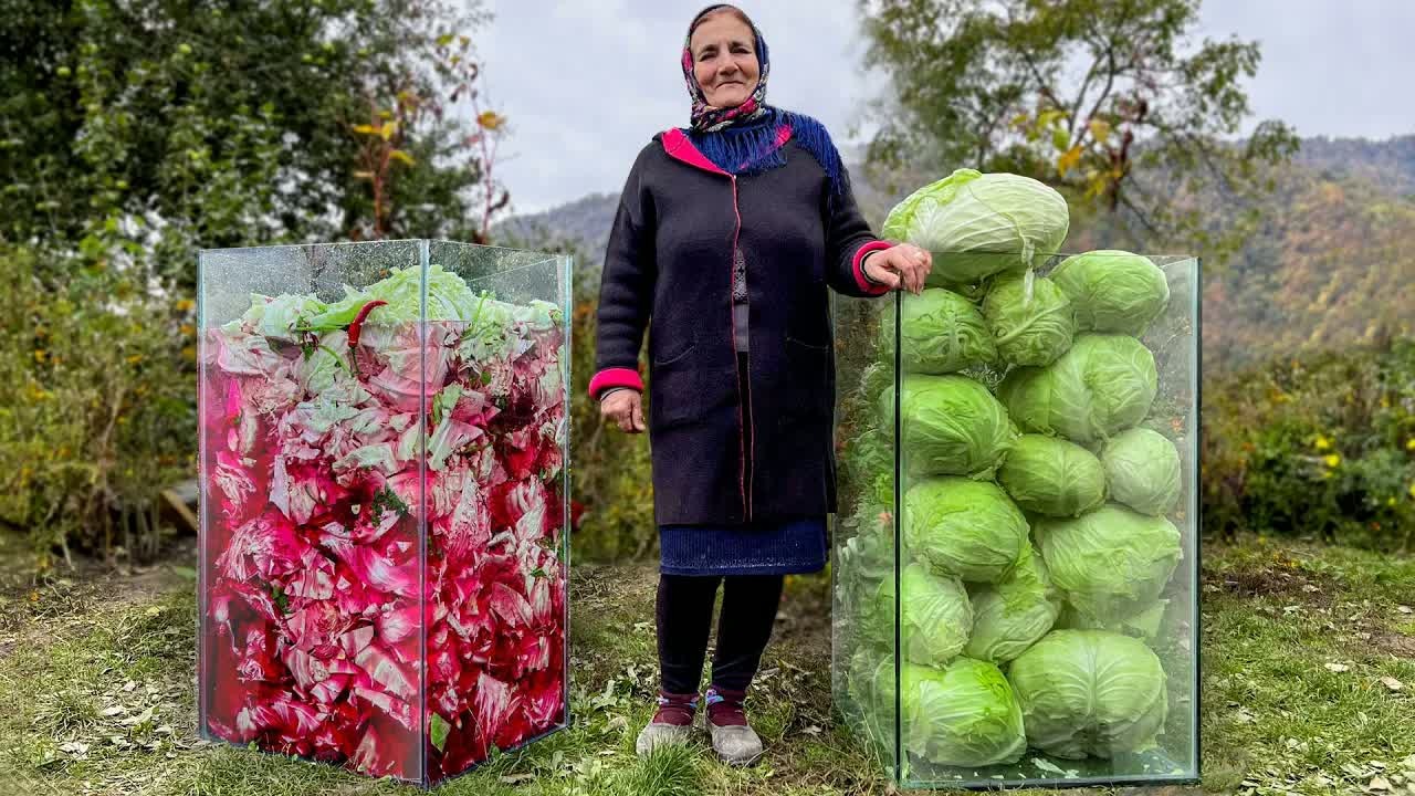 Fresh cabbage, beets and garlic fill a giant glass jar for winter in ...