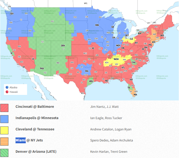 NFL Week 7 television maps: Miami Dolphins vs. New York Jets