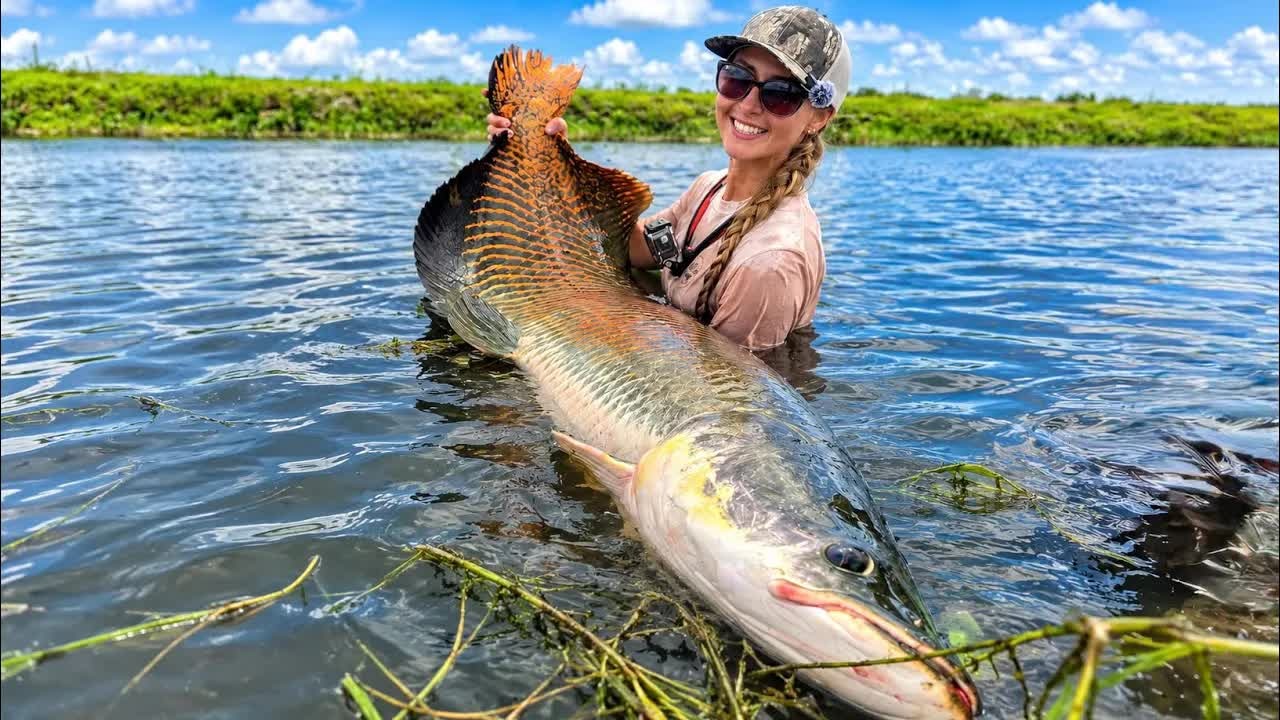 Her friend hooked a 40-pound arapaima on a fly rod