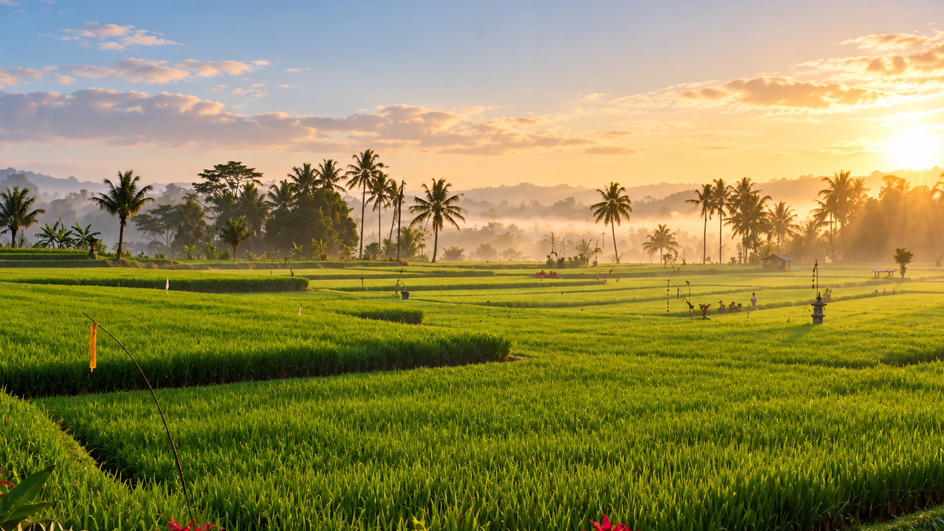 A sea of green rice fields beneath Indonesia's morning mist