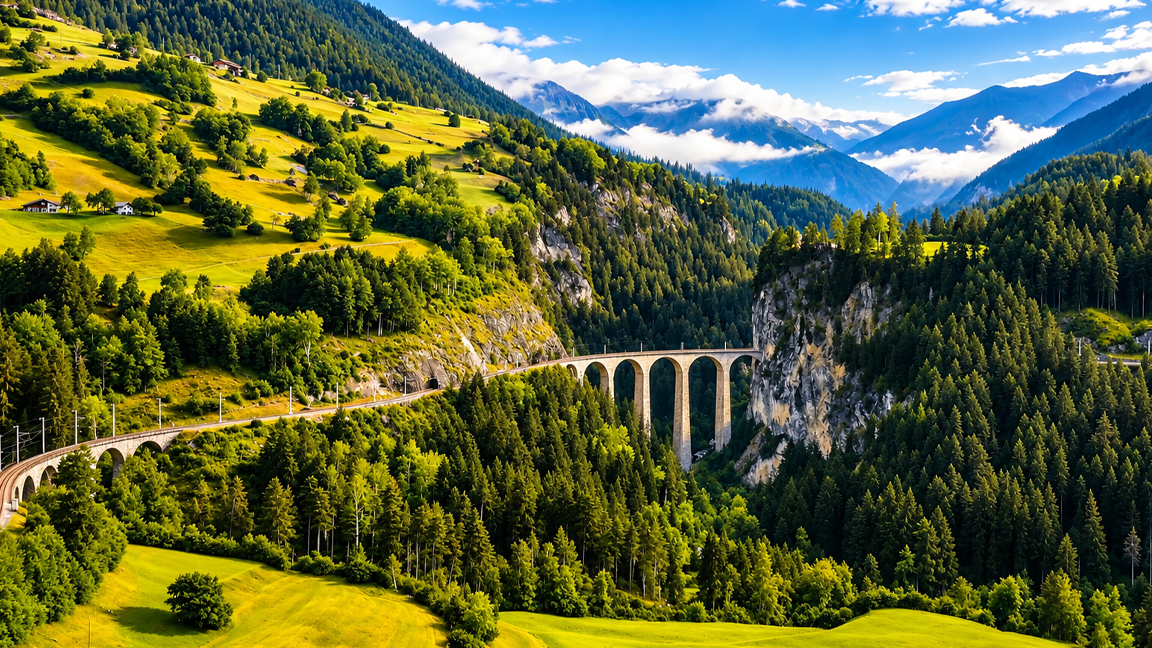 Switzerland's beautiful alpine railway bridge surrounded by green mountains