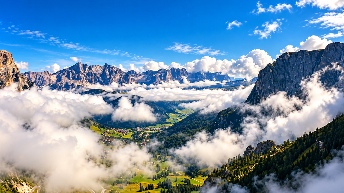 The Italian Dolomites rising above a sea of clouds