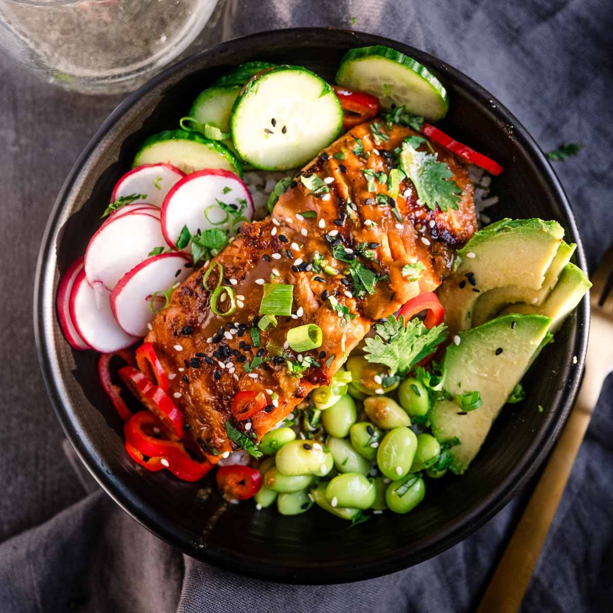 Grilled miso glazed salmon bowls