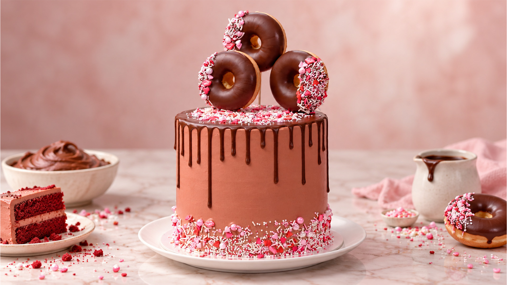 Chocolate drip cake topped with sprinkle donuts