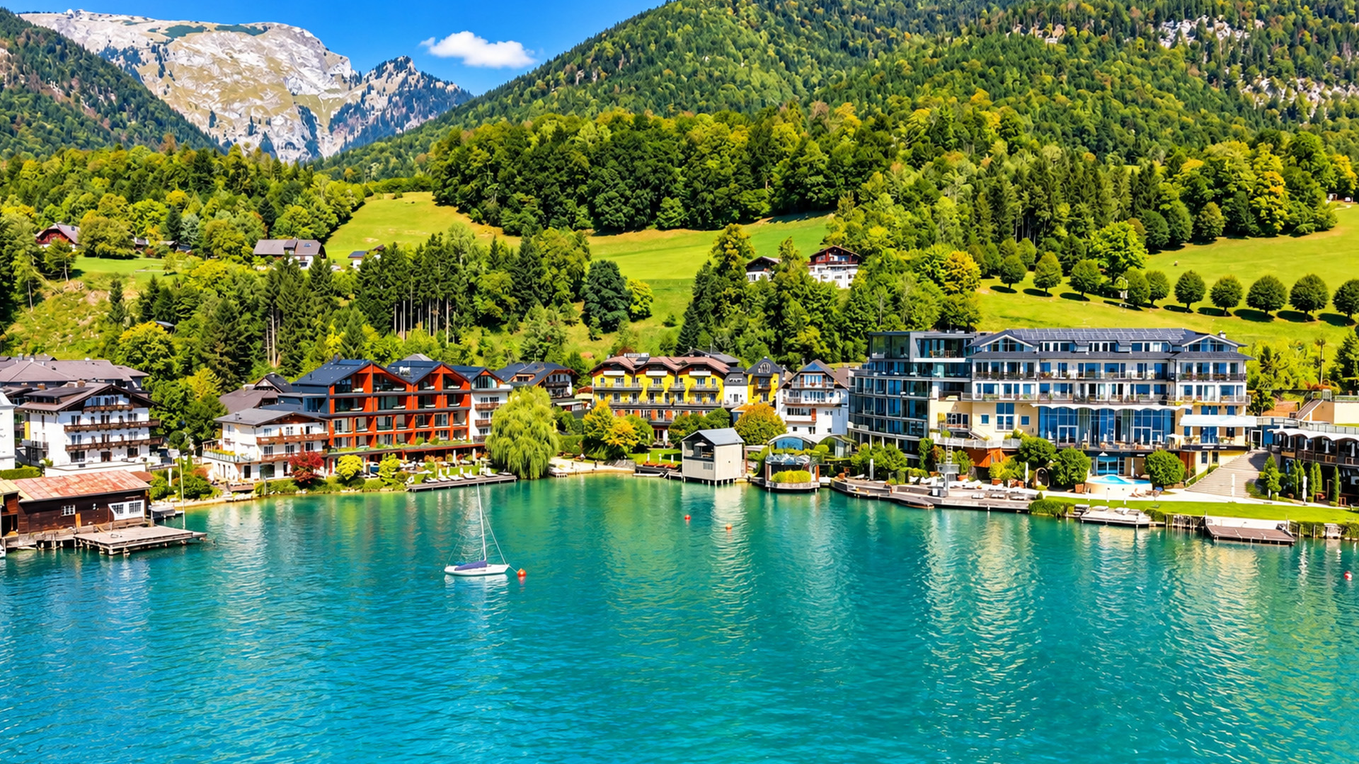 Schafbergbahn na Áustria pelos campos verdes acima do lago (4K)