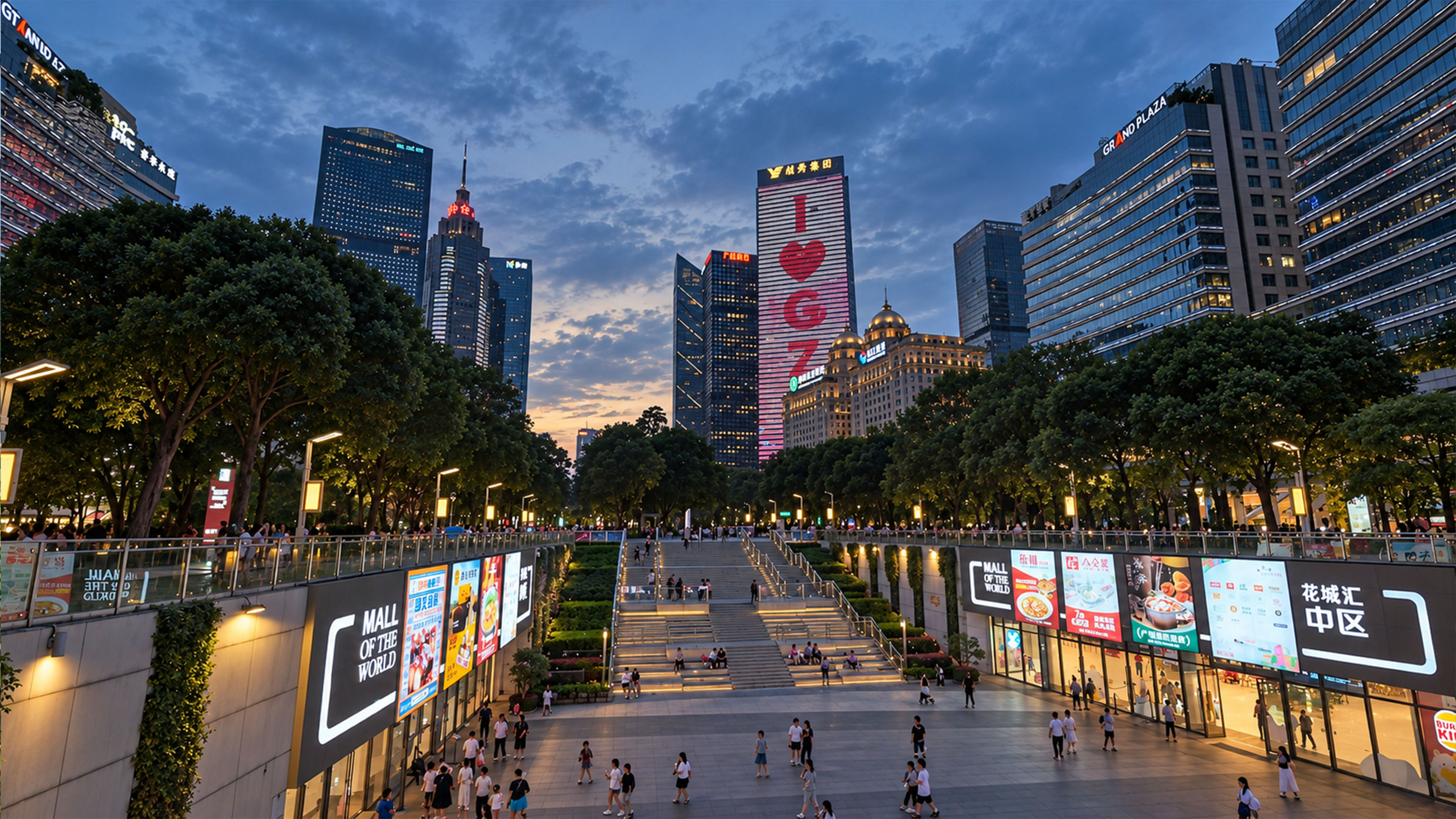 A hidden shopping level beneath Guangzhou's modern city plaza