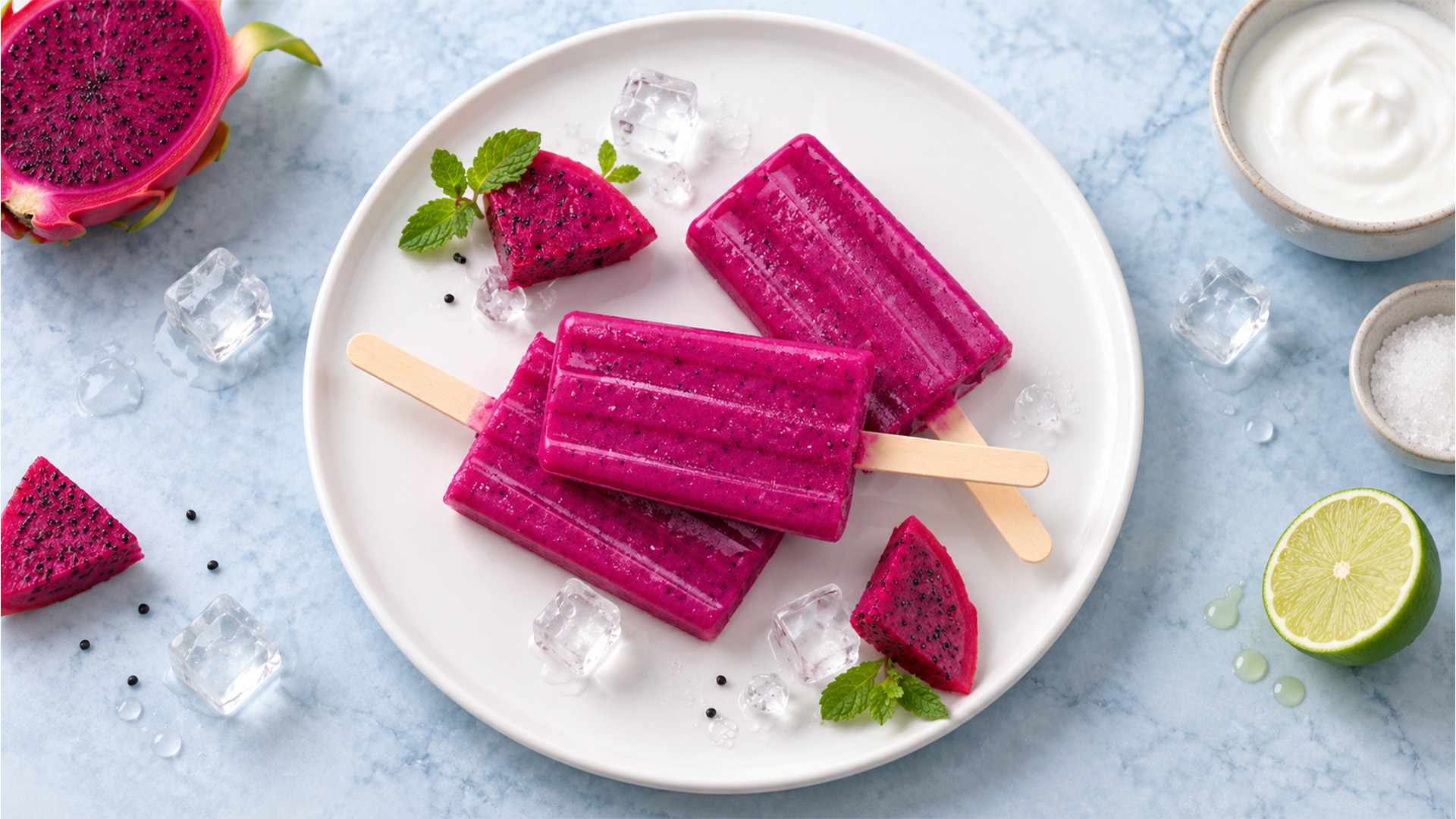 Vibrant dragon fruit pops on a stick