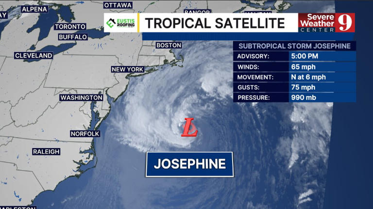 Subtropical storm Josephine forms off Mid-Atlantic coast with 65 mph winds