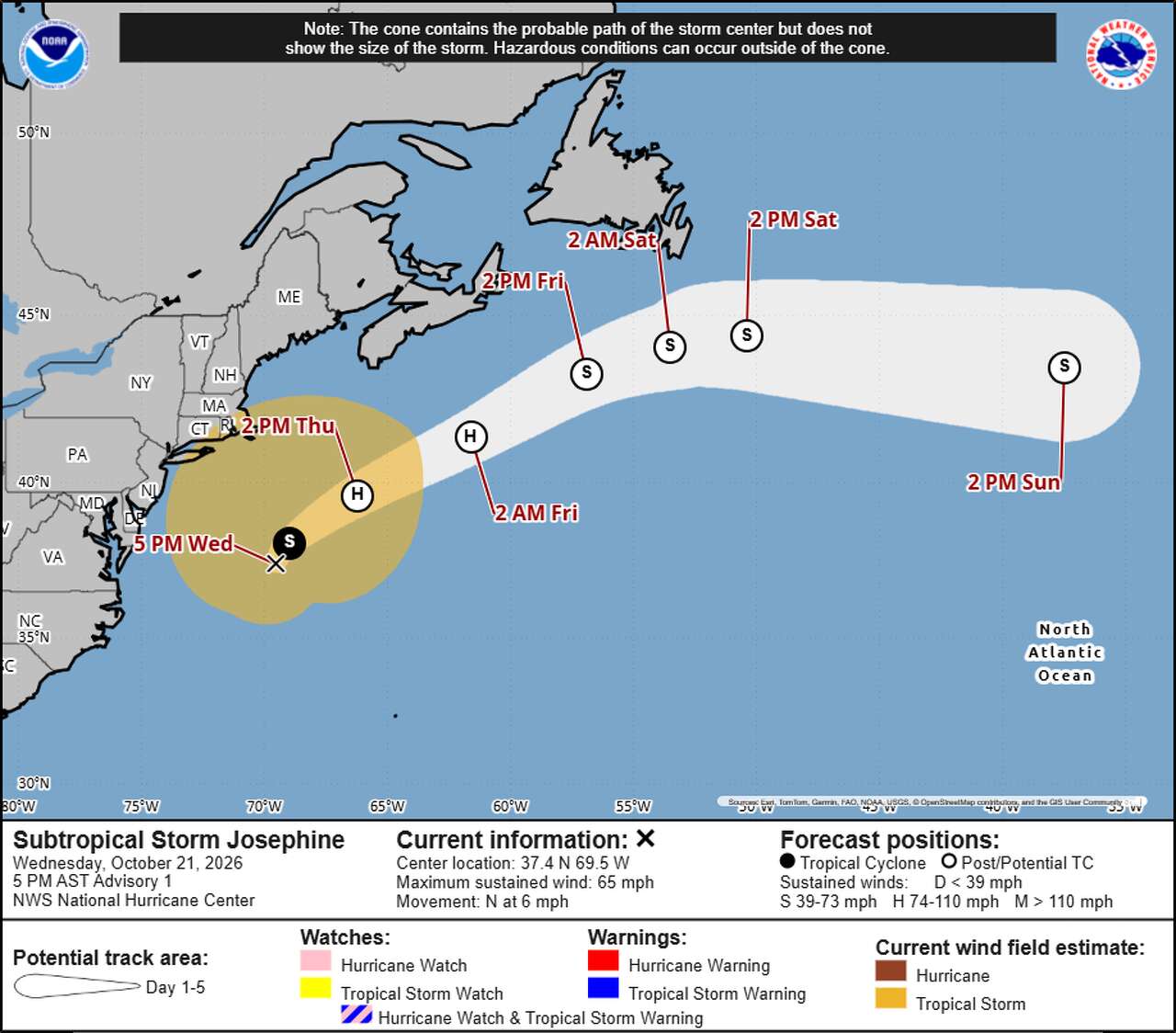Subtropical storm Josephine forms off Northeast coast with 65 mph winds