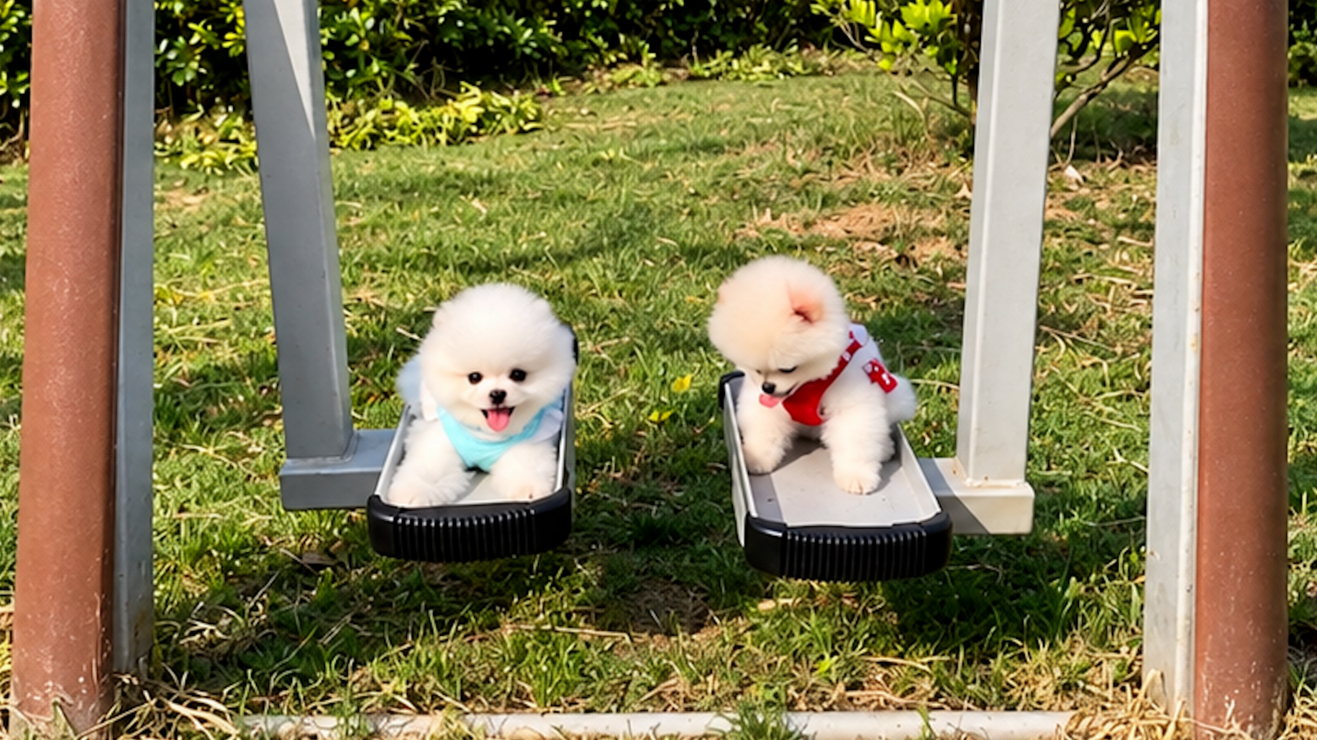 Two happy Pomeranian puppies enjoy a sunny day at the park