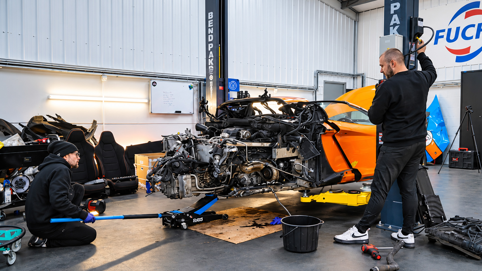 Removing the engine from a damaged McLaren 650S