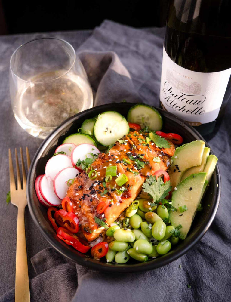 Grilled miso glazed salmon bowls