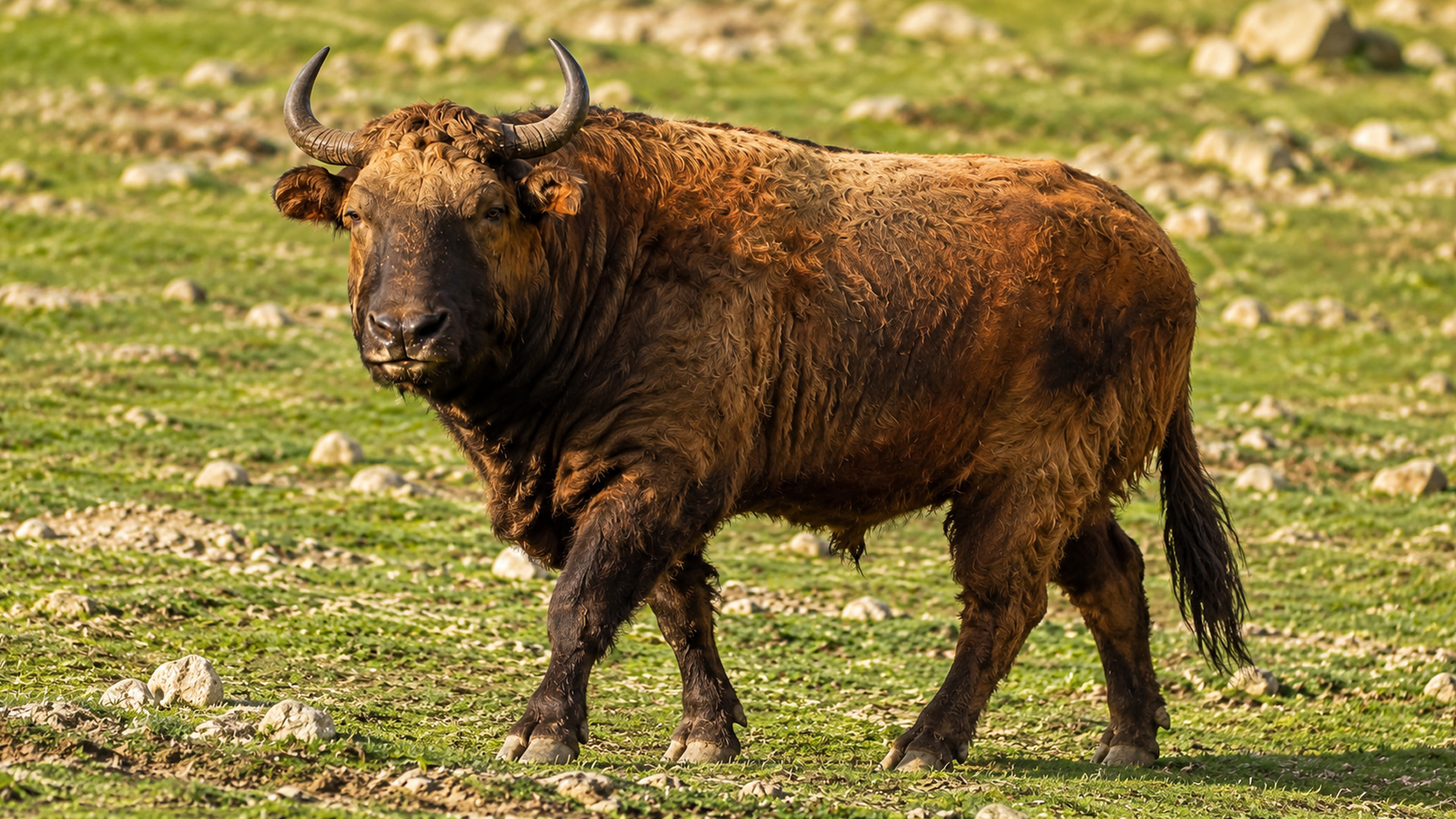 This empty highland suddenly revealed a massive horned grazer