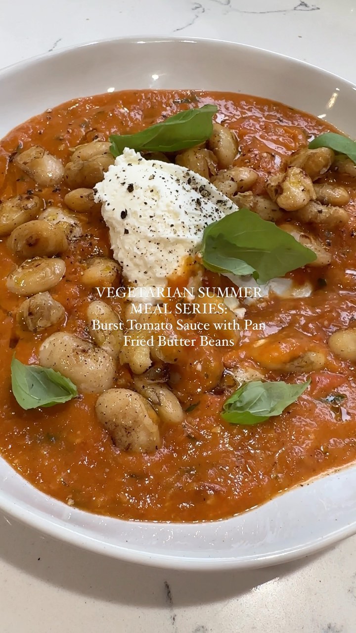 Burst tomato sauce with butter beans and ricotta