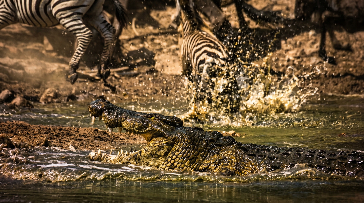 Zebra escapes the jaws of a crocodile by fighting back with a strike to ...