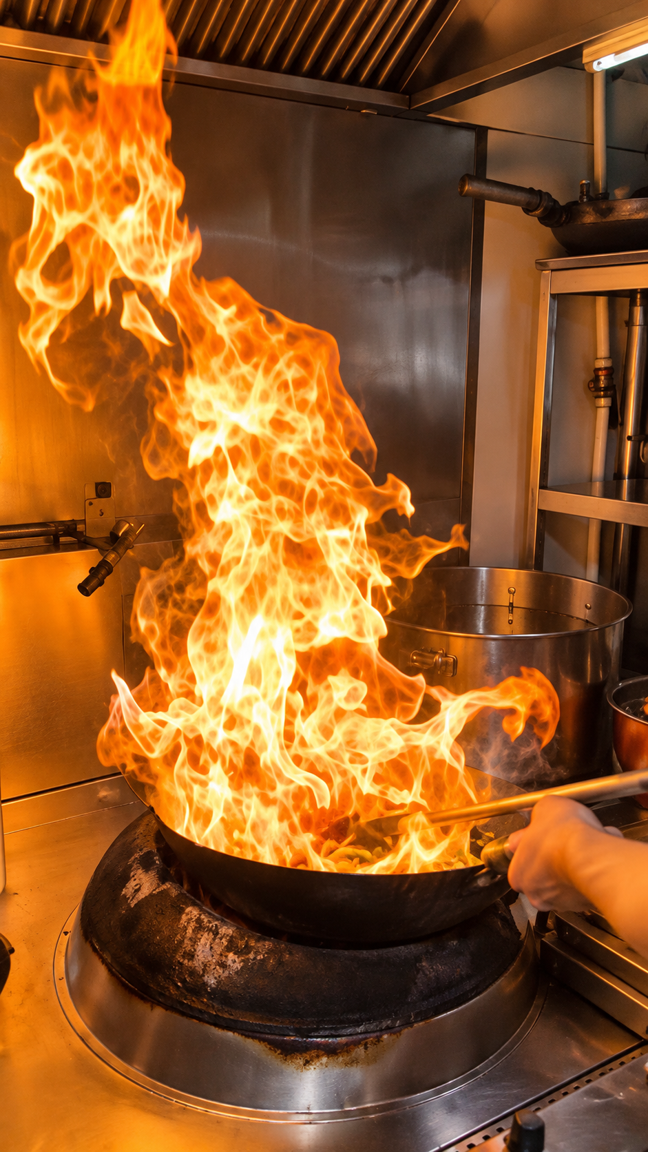 Street food chef shows his wok cooking skills over high flames