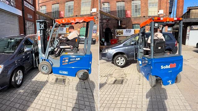 Business owner takes forklift to car parked in front of shop