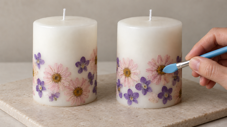 How to make a matching pair of floral candles for a shelf