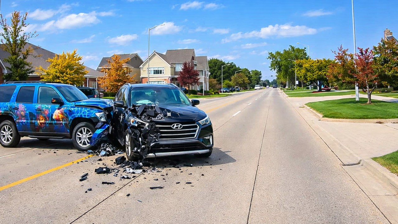 Center-lane driver hits custom Marvel truck pulling out into traffic