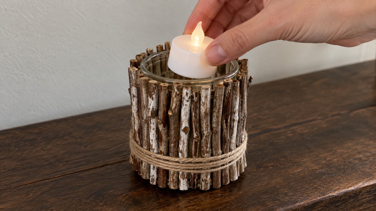 Turn a plain glass jar into a rustic twig candle holder