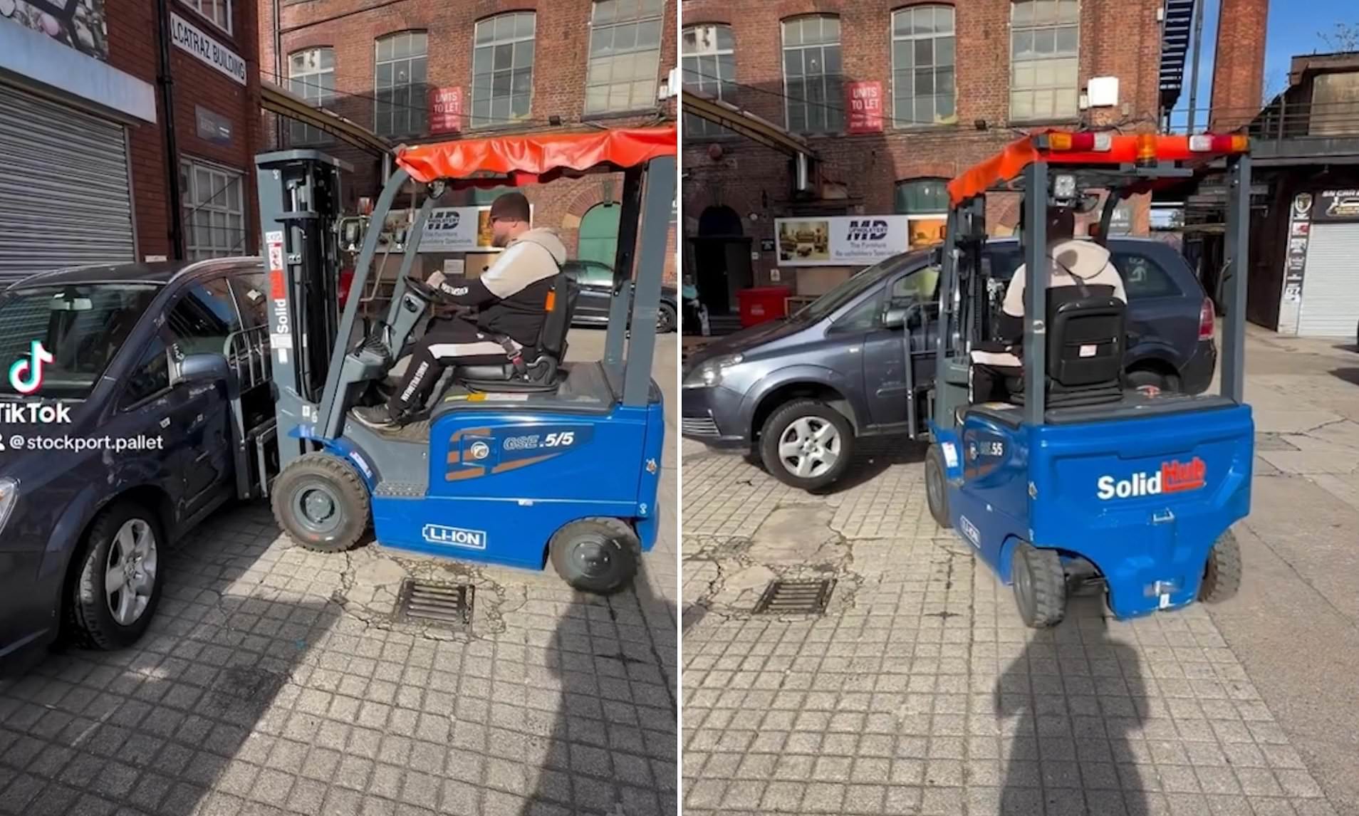 Moment fuming business owner takes a forklift to car parked right ...