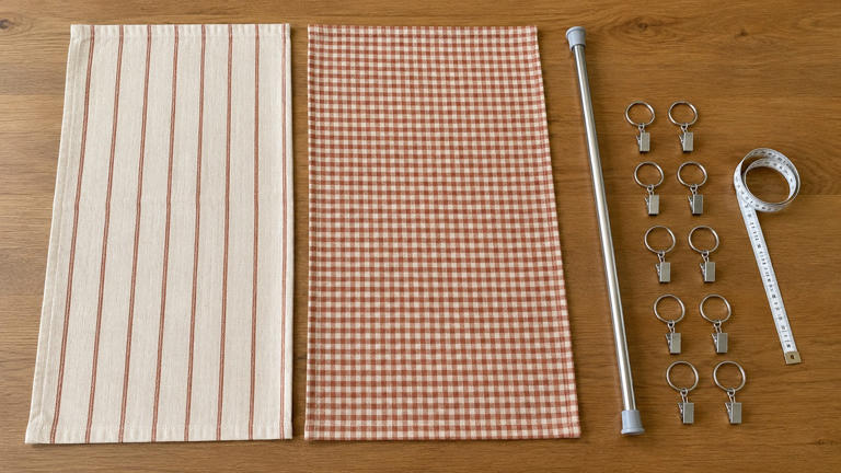 How to hang tea towels as kitchen curtains without sewing