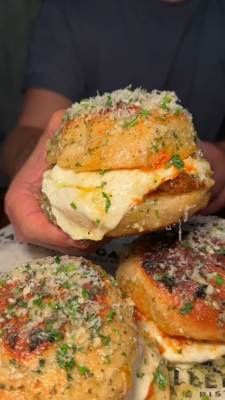 Chicken vodka parm sliders with hot honey garlic knots