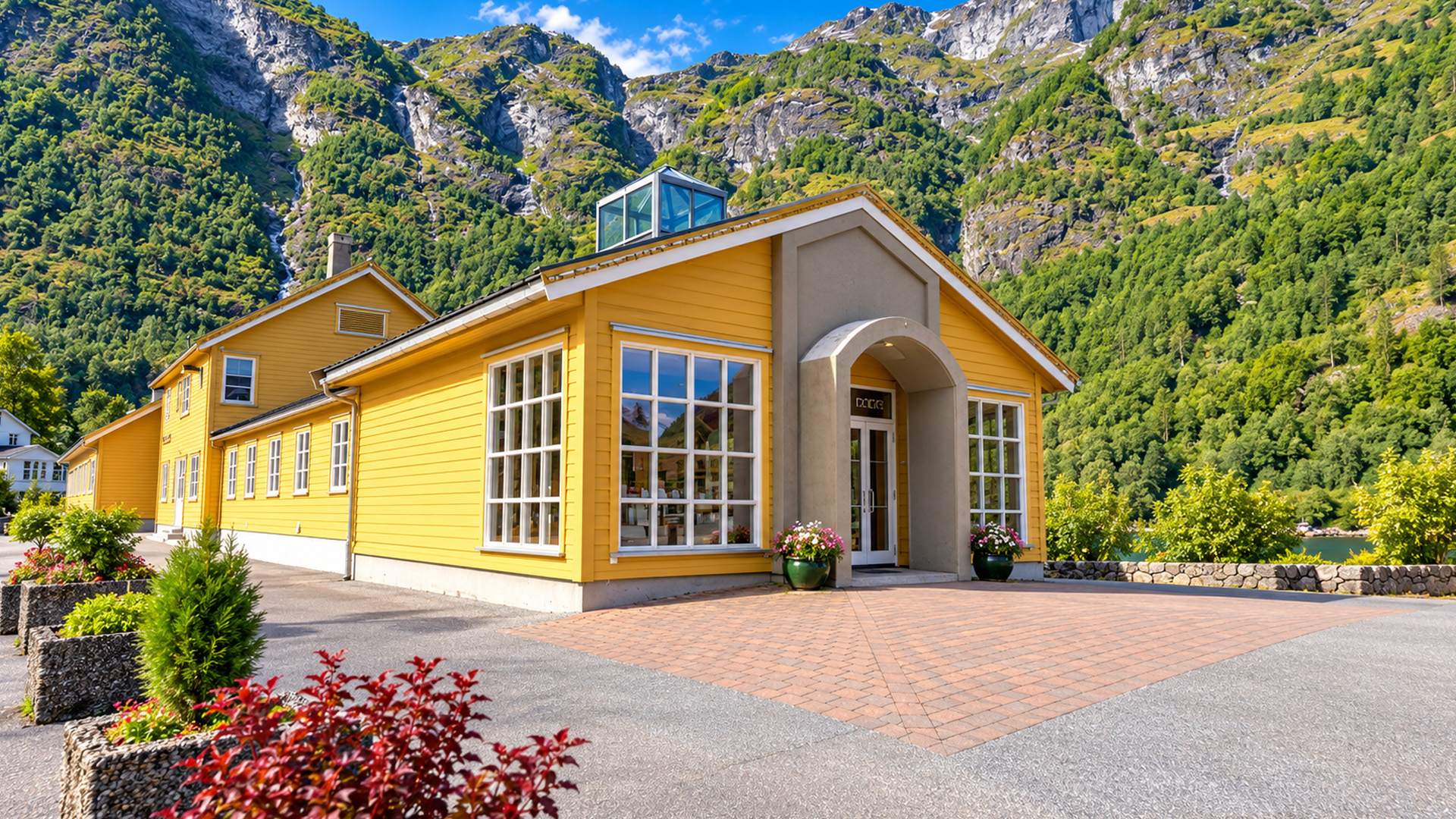 Walking through Flåm, Norway's village beneath towering mountains (4K)