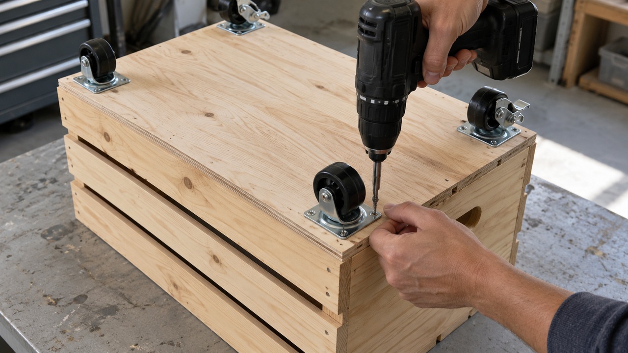 Turn an old wooden crate into a rolling cleaning cart