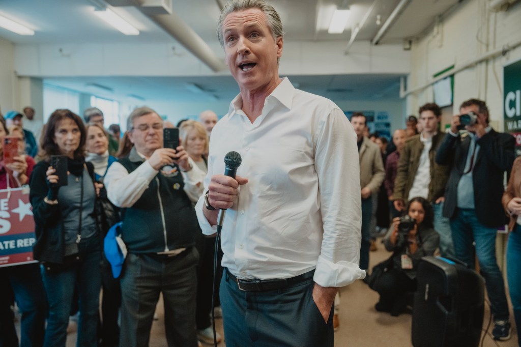 California Governor Gavin Newsom speaks while campaigning for New Hampshire Democratic Senate candidate Chris Pappas on October 17, 2026 in Nashua, New Hampshire.